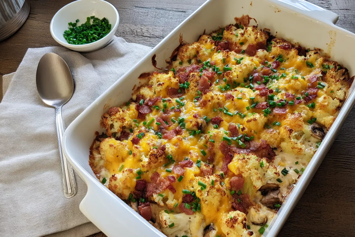 Cheesy roasted cauliflower bake with turkey bacon, mushrooms, and melted Colby cheese, topped with chives in a white baking dish.