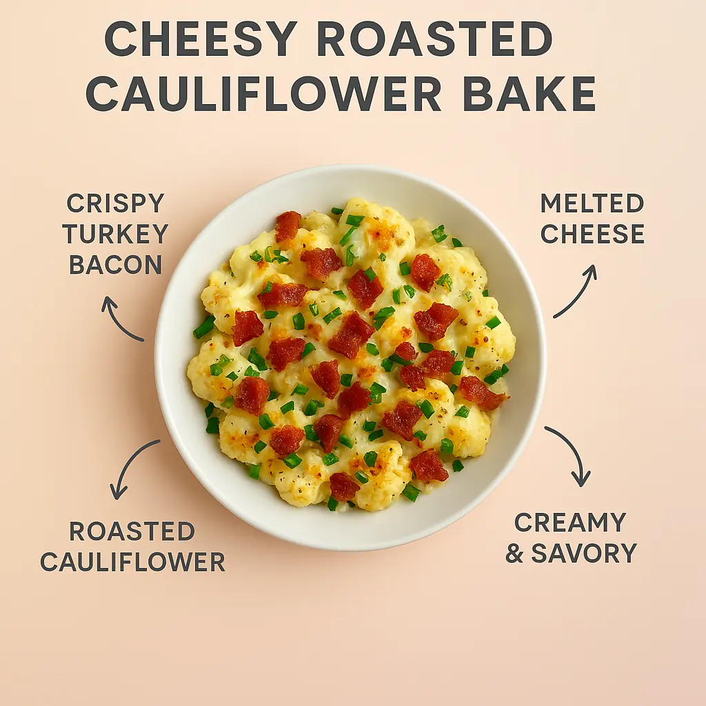 Top-down view of cheesy roasted cauliflower bake in a white bowl, featuring crispy turkey bacon, melted cheese, roasted cauliflower, and fresh chives.