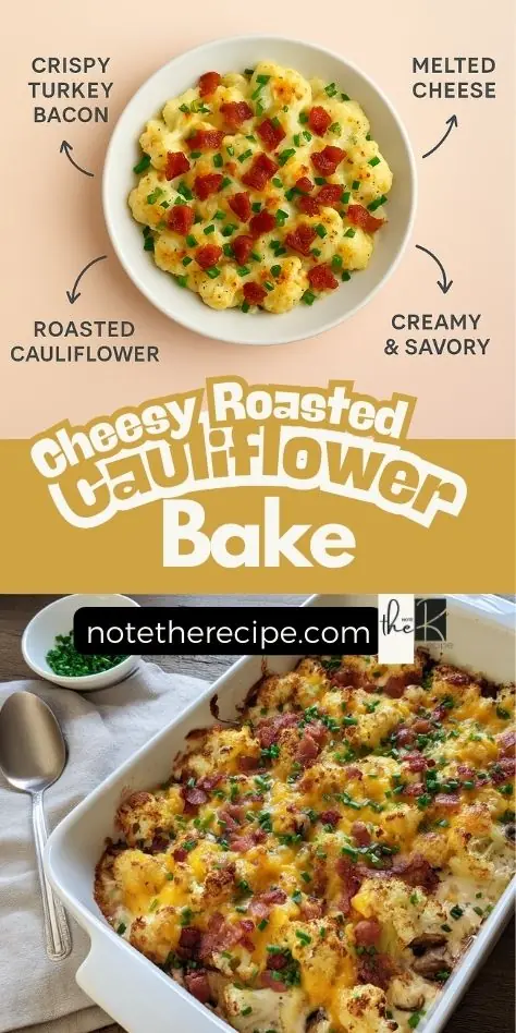 Pinterest graphic showing cheesy roasted cauliflower bake with crispy turkey bacon, roasted cauliflower, melted cheese, and fresh chives, featuring a labeled ingredient breakdown and final baked dish in a white casserole dish.