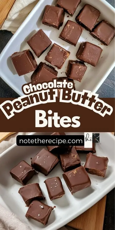 Chocolate peanut butter bites in a white dish, styled as a no-bake freezer treat with text overlay and website branding
