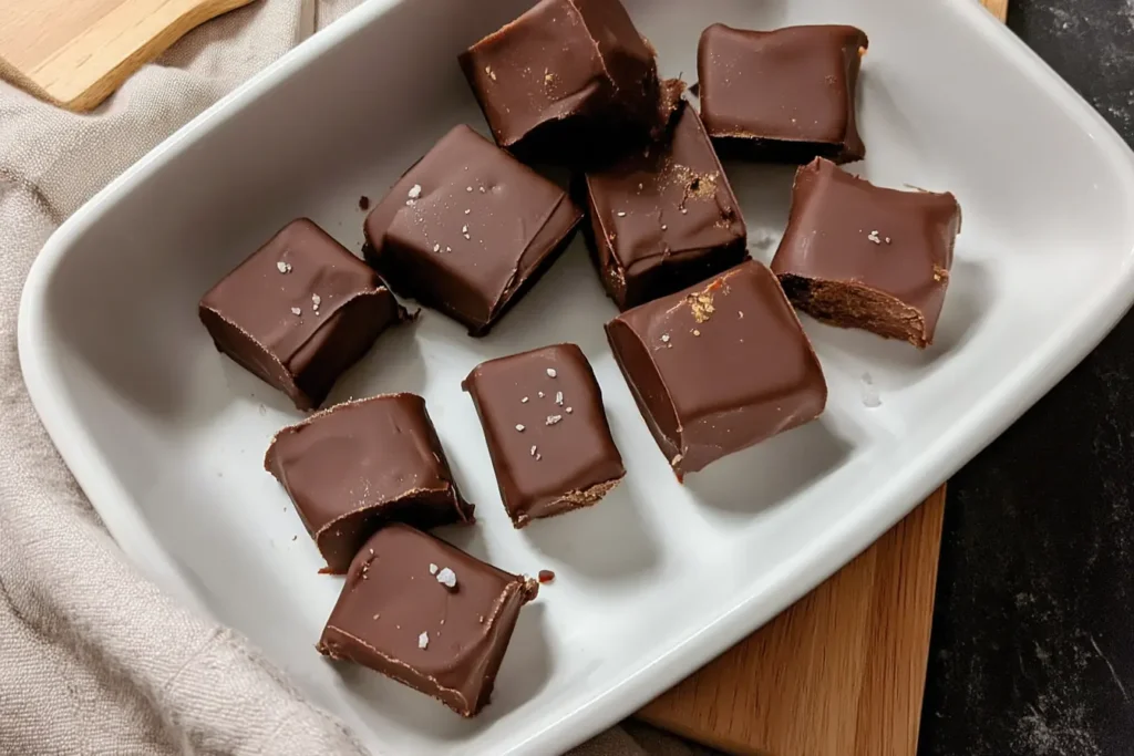 Chocolate peanut butter freezer bites arranged in a white dish, topped with sea salt flakes