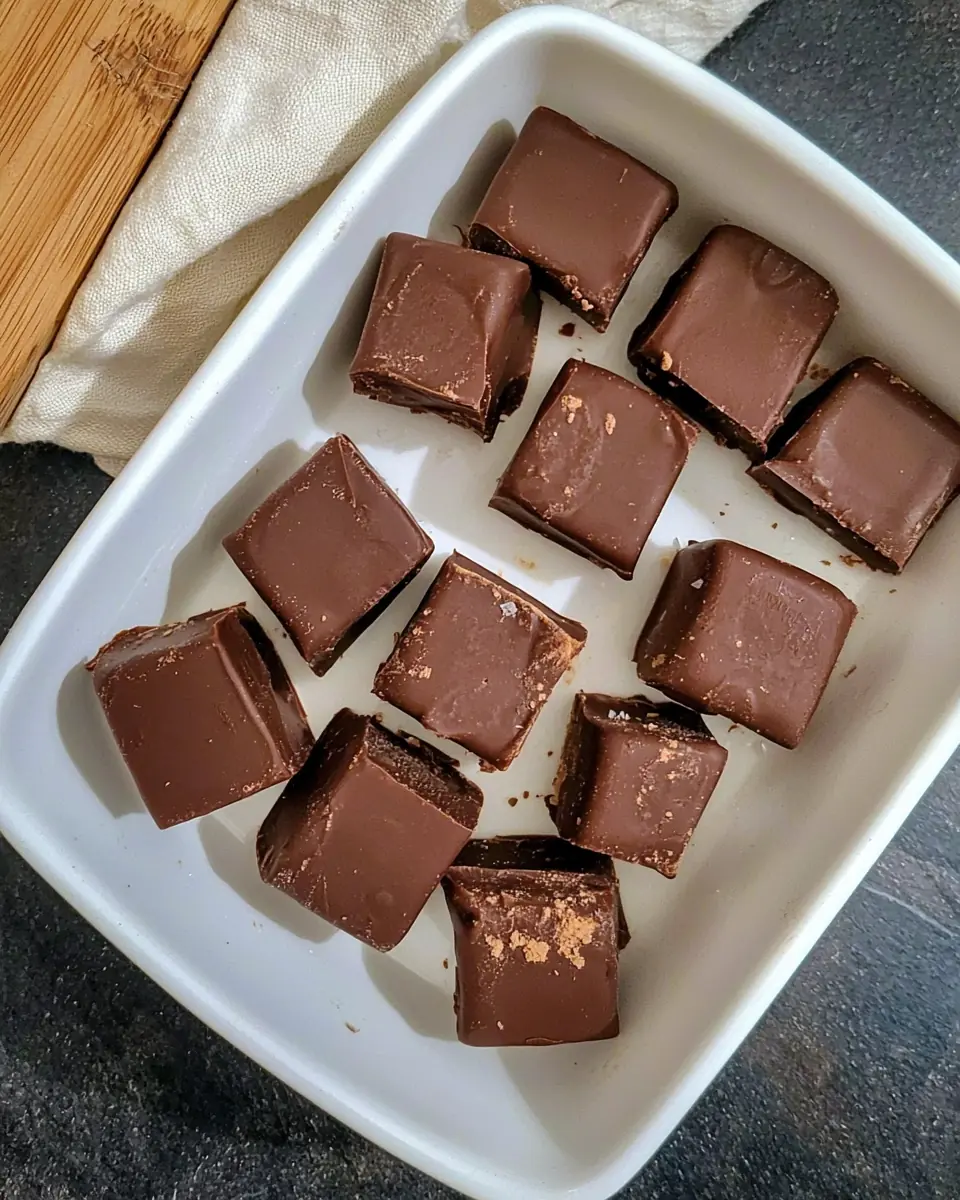Chocolate peanut butter freezer bites arranged in a white dish on a dark countertop
