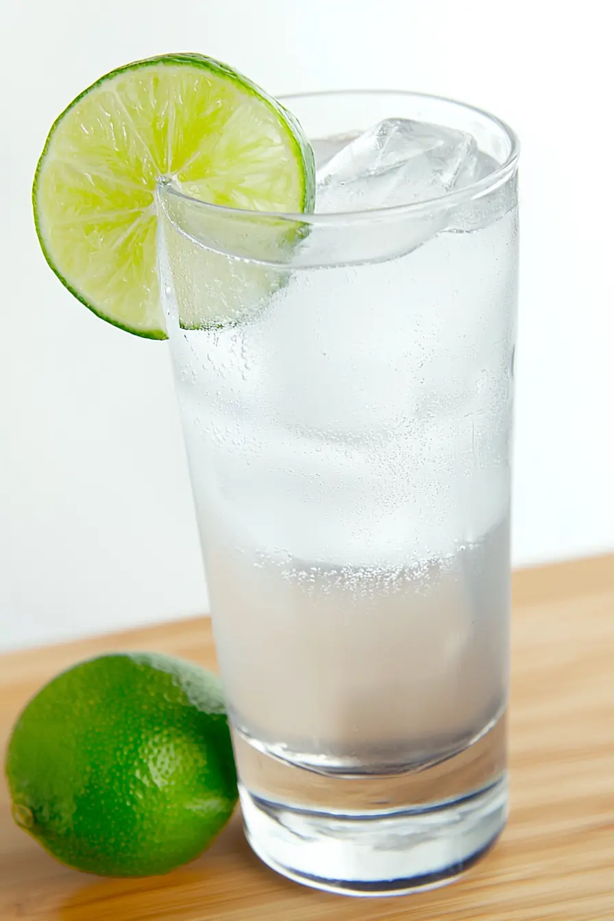 Glass of Coconut Lime Slim Soda with ice and lime slice on rim