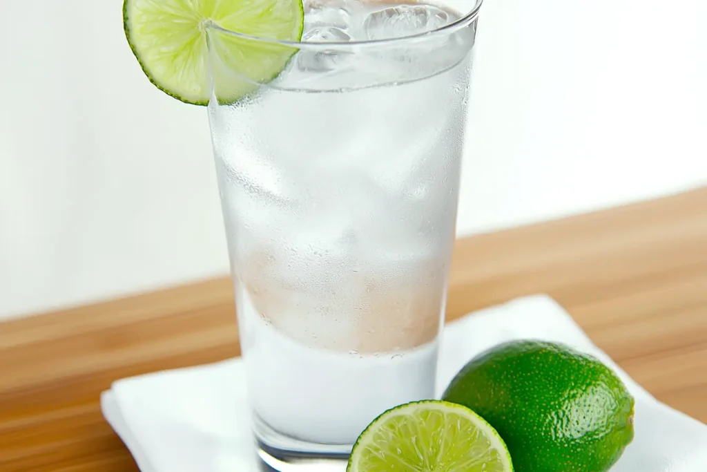 Chilled glass of coconut lime slim soda with ice and lime garnish