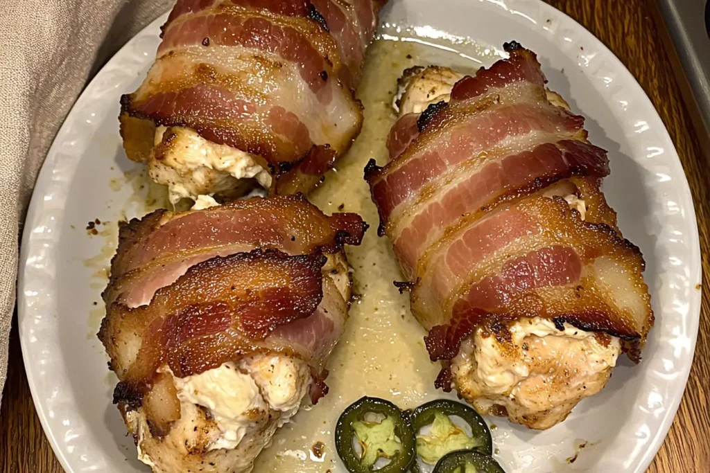 Bacon-wrapped jalapeño stuffed chicken breasts on a white plate with sliced jalapeños