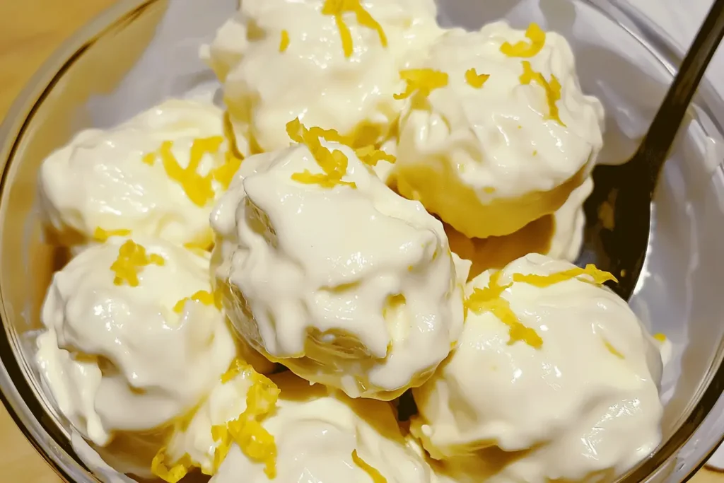 Close-up of creamy lemon bites in a glass bowl topped with fresh lemon zest, showcasing a smooth and rich texture.