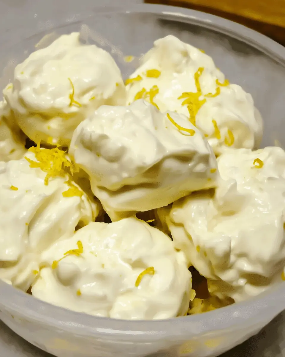 Close-up of creamy lemon bites topped with lemon zest in a container, a no-bake low-carb dessert.