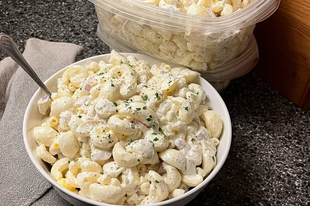 Creamy macaroni salad served in a white bowl, topped with parsley, with extra pasta salad in a plastic container behind it on a granite counter.