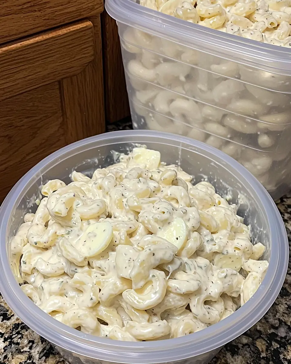 Creamy macaroni salad with sliced hard-boiled eggs in a clear plastic container, with extra salad stored behind it on a kitchen countertop.