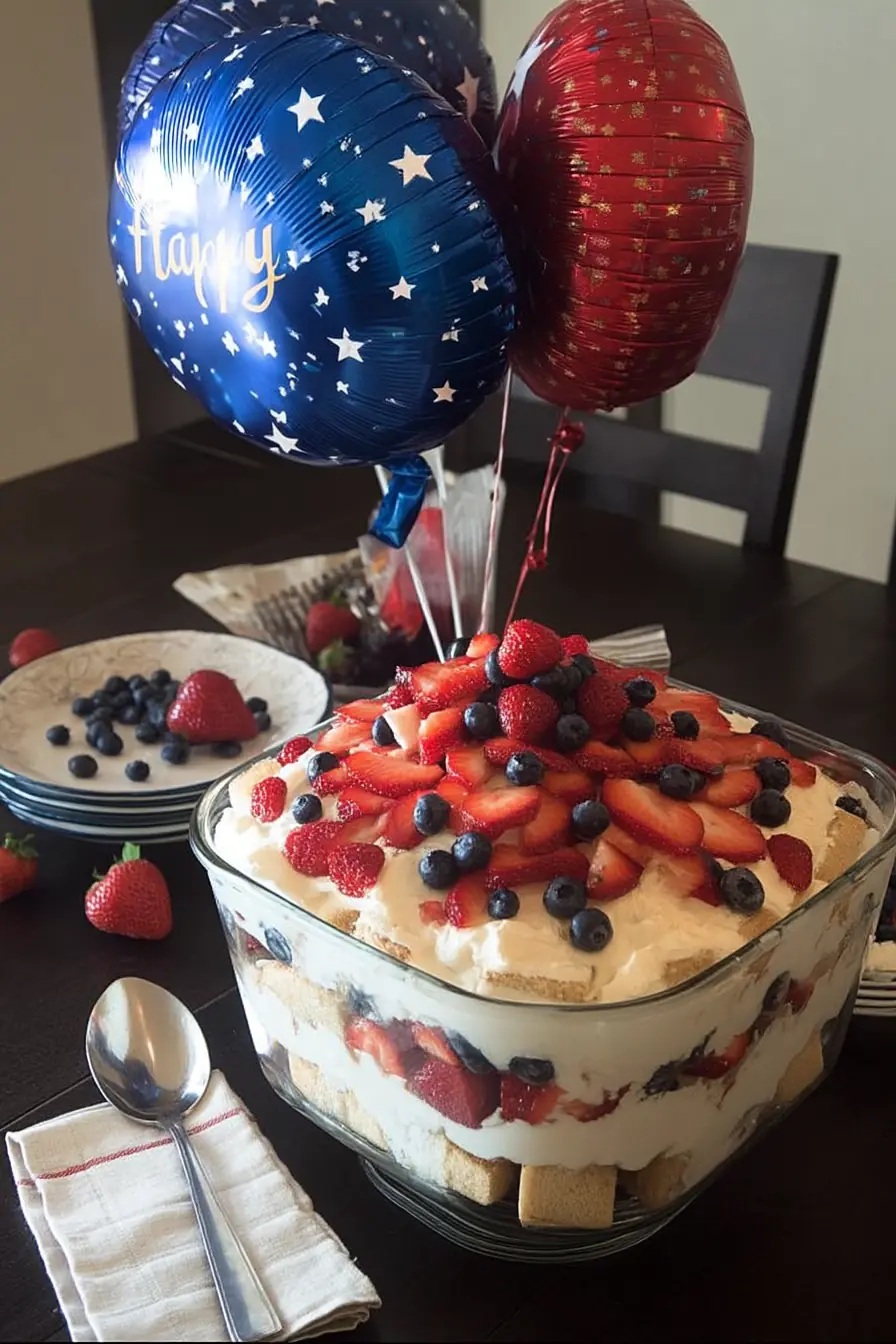 4th of July trifle in a clear glass dish layered with pound cake, whipped cream, strawberries, and blueberries, topped with fresh berries and surrounded by patriotic balloons.