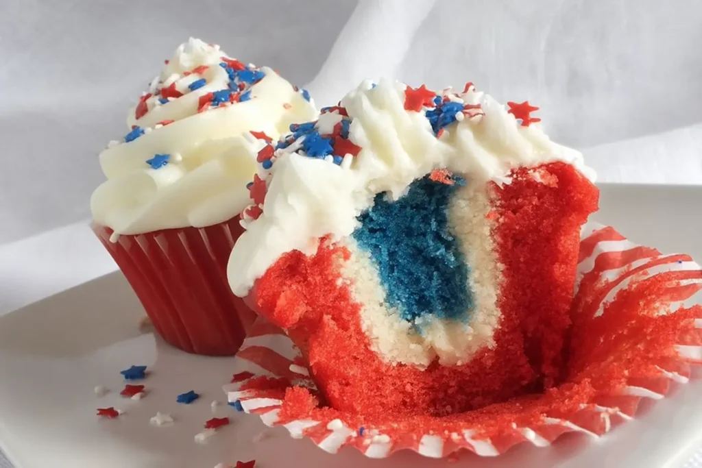 Fireworks Funfetti Cupcake with red, white, and blue layers and vanilla frosting topped with patriotic star sprinkles