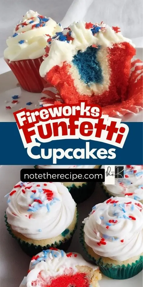 Fireworks Funfetti Cupcakes with red, white, and blue cake layers, white frosting, and patriotic star sprinkles