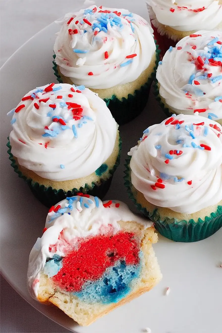 Fireworks Funfetti Cupcakes with red, white, and blue layers and frosting topped with patriotic sprinkles