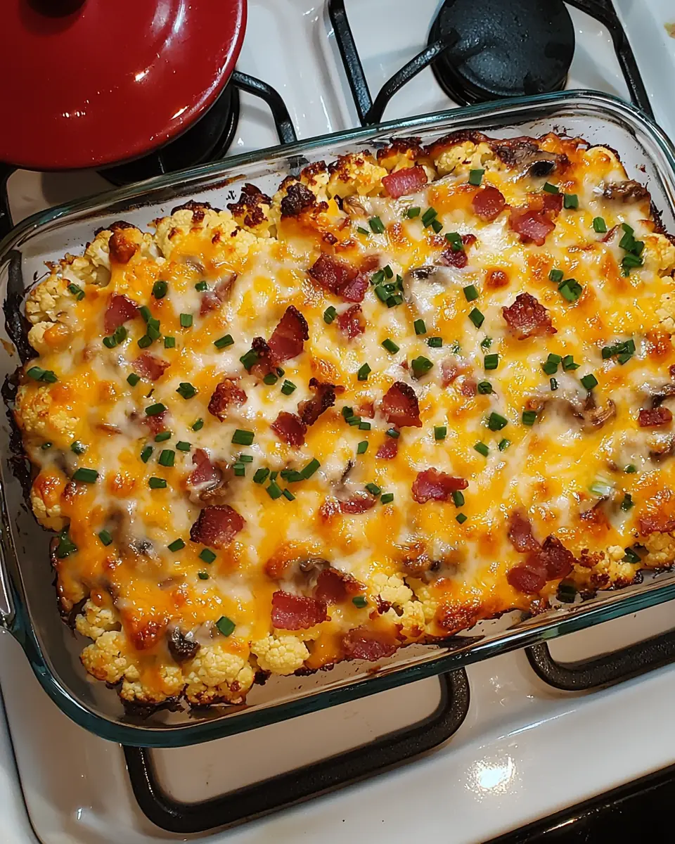 Freshly baked cheesy roasted cauliflower casserole in a glass dish on a stovetop, topped with melted cheese, turkey bacon, mushrooms, and chopped chives.