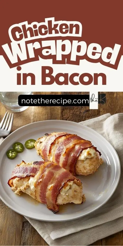 Creamy jalapeño stuffed chicken wrapped in bacon, served on a white plate with sliced jalapeños and text overlay reading "Chicken Wrapped in Bacon"