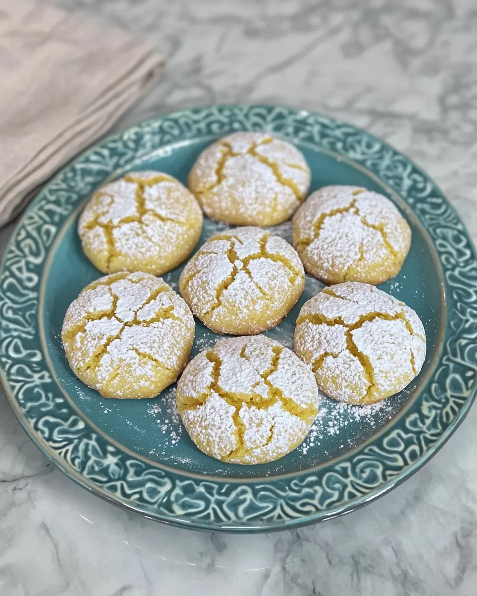 Lemon Crinkle Cookies on Blue Plate Golden lemon crinkle cookies with powdered sugar on a blue ceramic plate