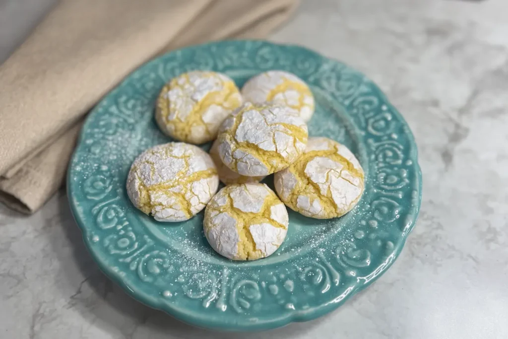 Close-up of lemon crinkle cookies stacked on a teal plate, dusted with powdered sugar