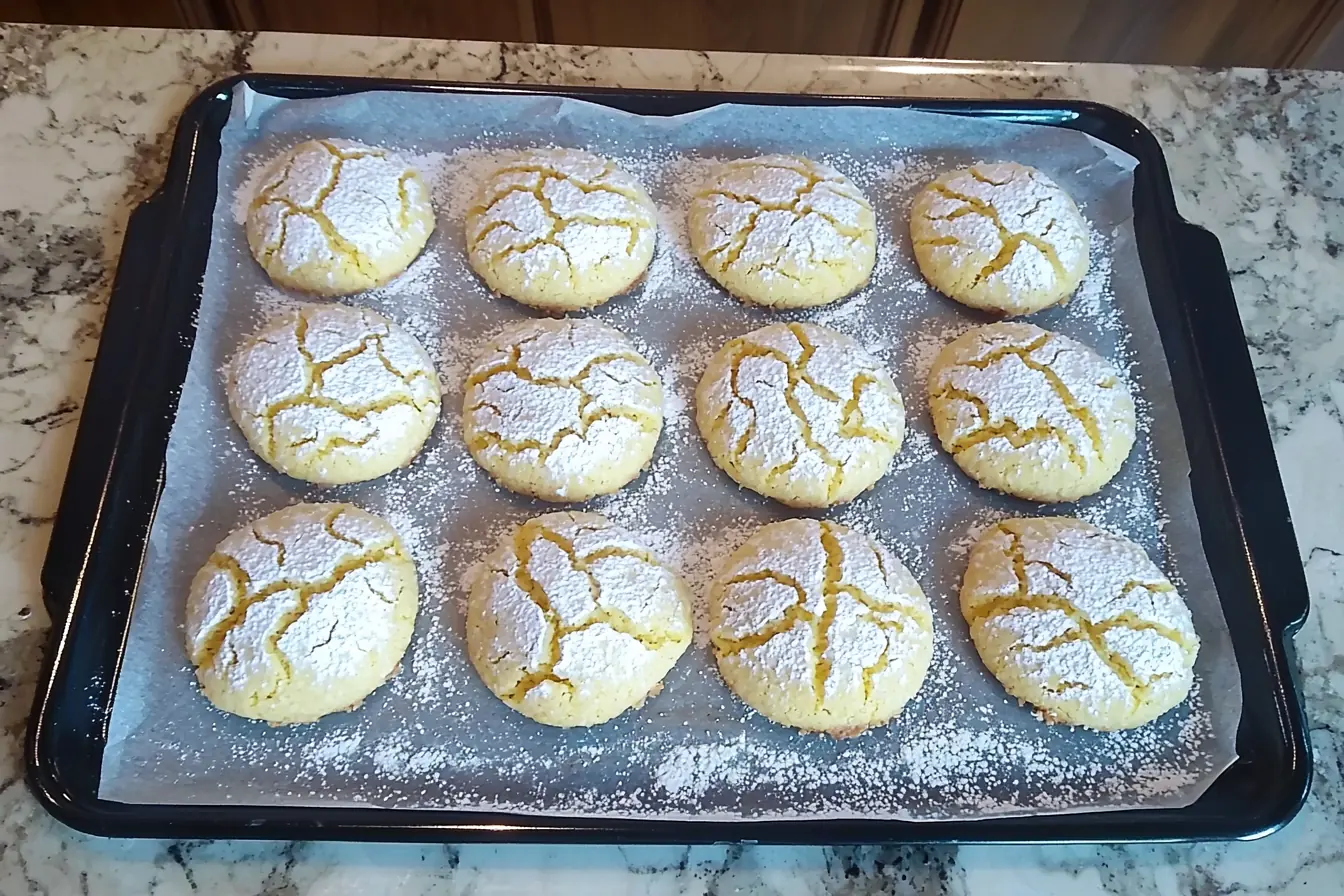 Lemon Crinkle Cookies Recipe on Baking Tray Freshly baked lemon crinkle cookies on a black tray lined with parchment paper
