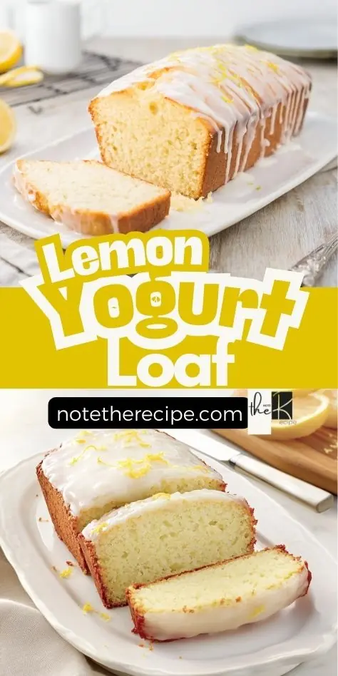 Two images of a moist lemon yogurt loaf with lemon glaze, sliced and topped with zest, shown on white platters