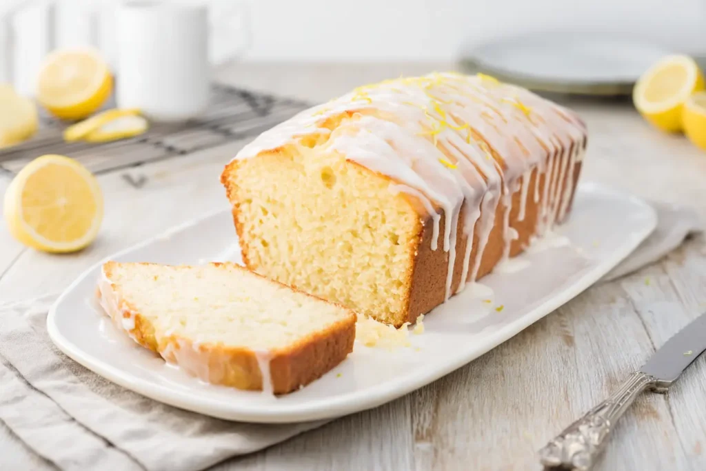 Freshly sliced lemon yogurt loaf with lemon glaze on white plate