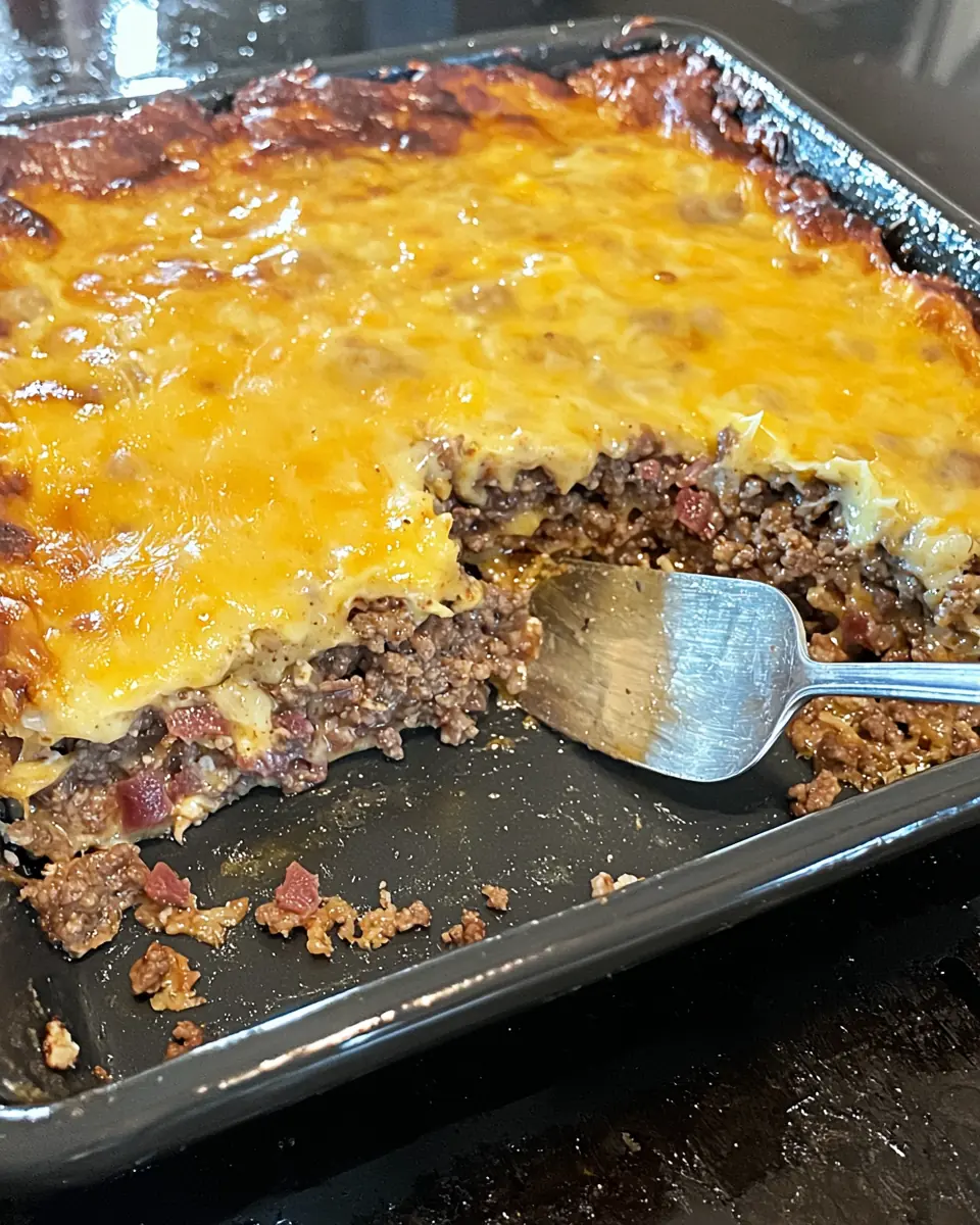 Sliced low carb bacon cheeseburger casserole in a black baking dish with a serving spoon.