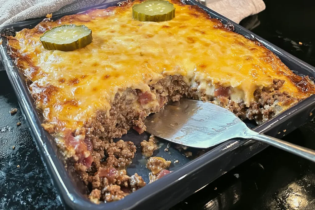 Freshly baked low carb bacon cheeseburger casserole in a dish with melted cheddar cheese and pickle slices on top.
