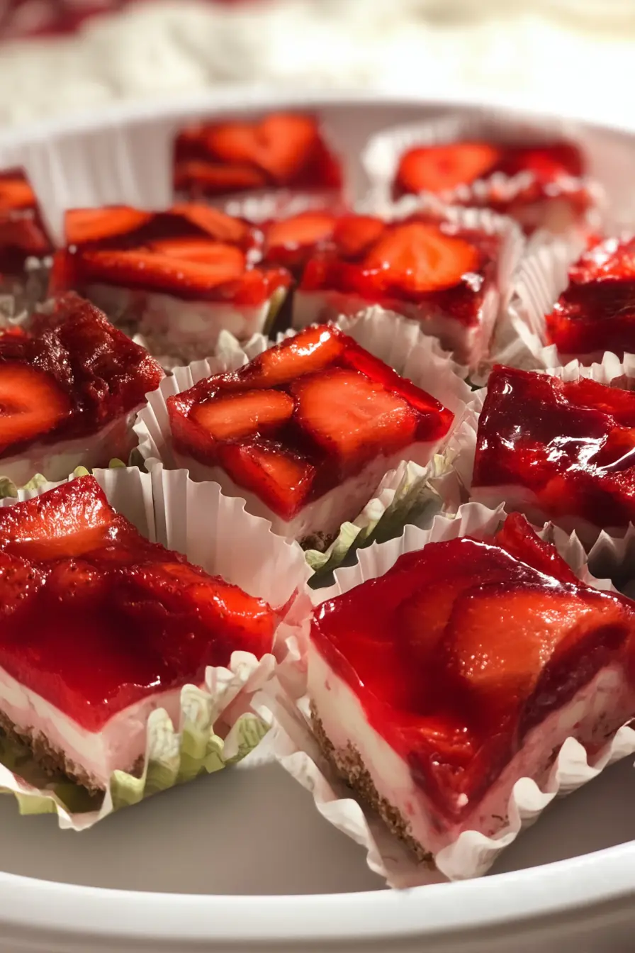 Mini strawberry pretzel salad squares in paper liners showing layers of pretzel crust, cream cheese filling, and strawberry gelatin with sliced strawberries