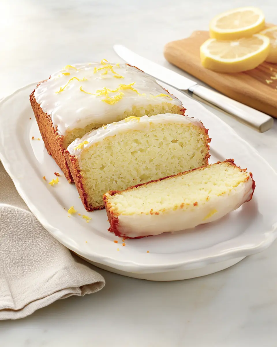 Sliced lemon yogurt loaf with glaze and lemon zest on white plate