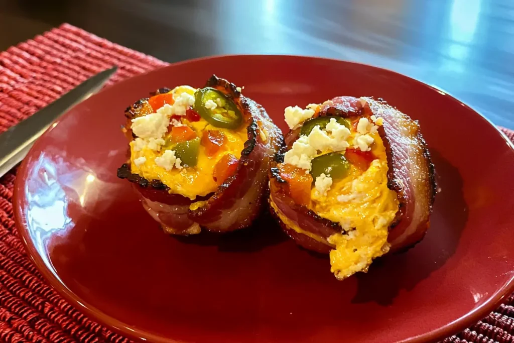 Two morning bacon egg bites with jalapeño, red pepper, and crumbled cheese on a red plate