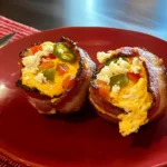 Two morning bacon egg bites with jalapeño, red pepper, and crumbled cheese on a red plate