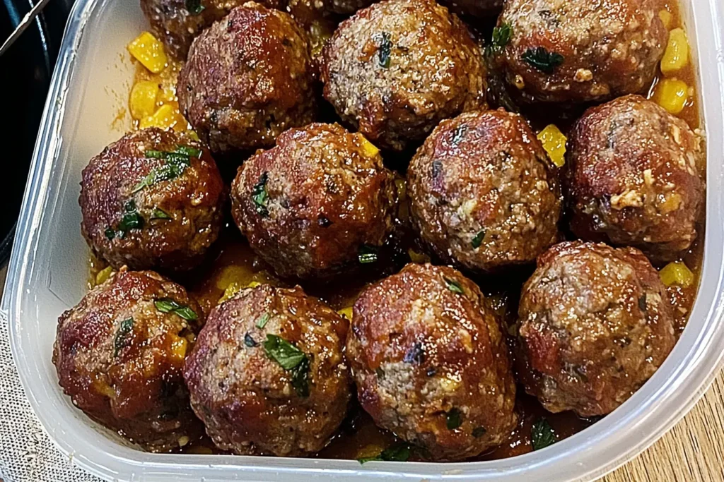Oven baked Italian meatballs in sauce, freshly cooked and garnished with herbs in a serving container.