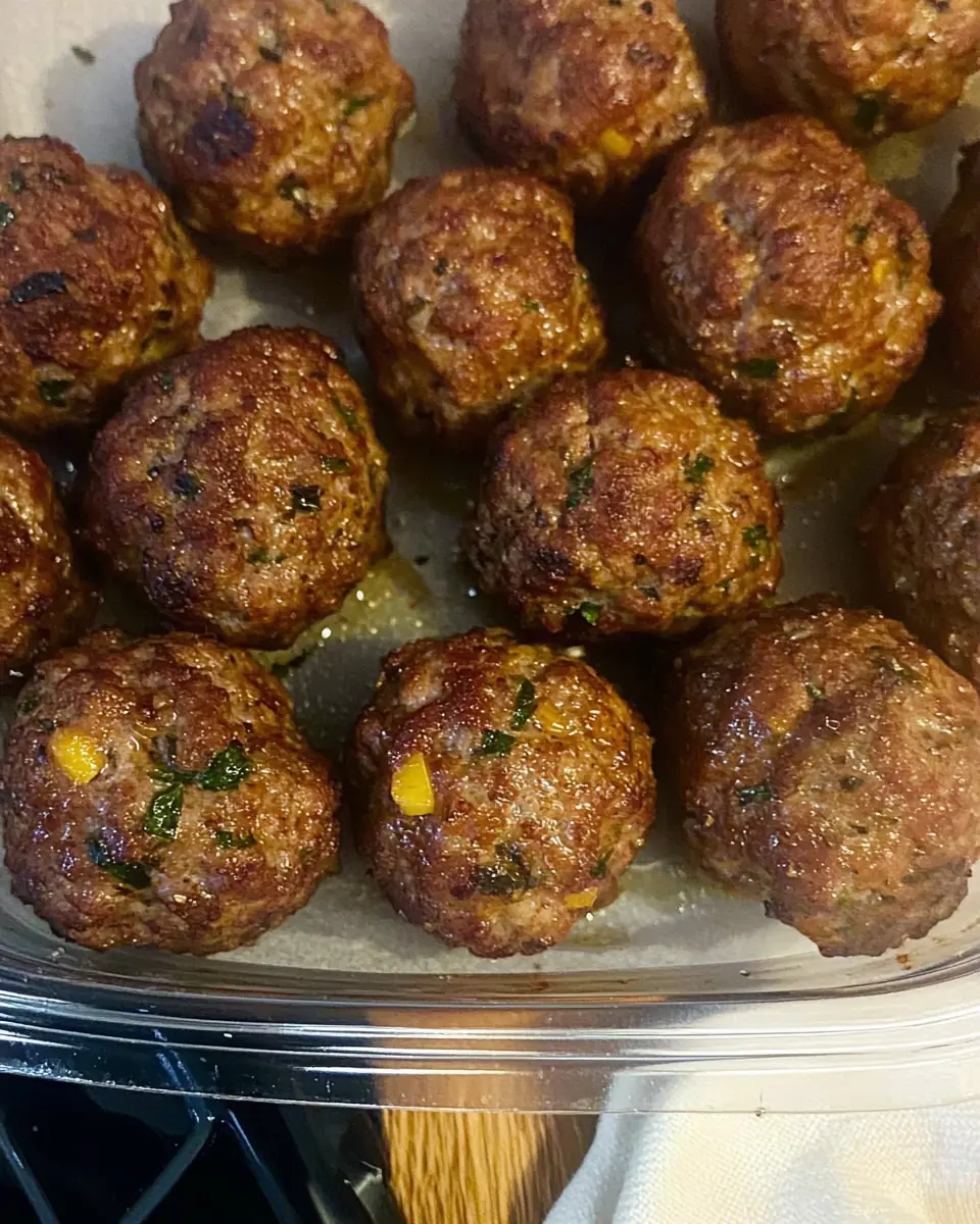 Oven Baked Italian Meatballs Fresh from the Oven Oven baked Italian meatballs arranged in a clear tray, golden brown and garnished with parsley and diced yellow pepper.