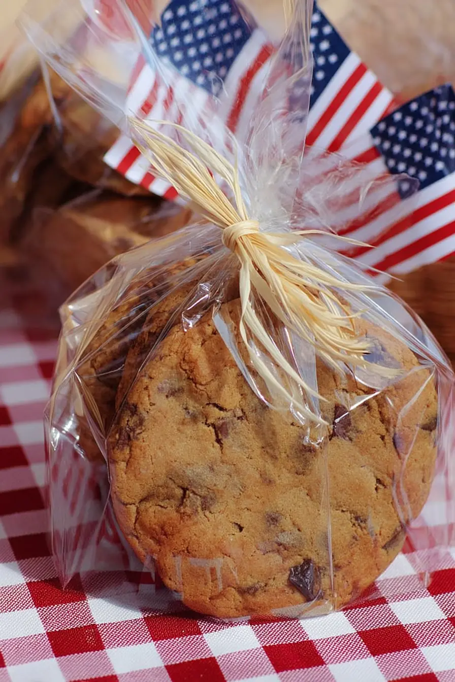 Gift-wrapped patriotic chocolate chip cookies in clear plastic with raffia ribbon, set on a red gingham tablecloth and American flags in the background.