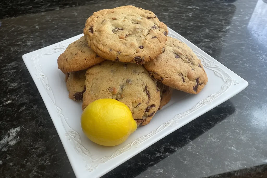 A plate of patriotic chocolate chip cookies stacked with a lemon on the side, served on a white dish over a dark countertop.