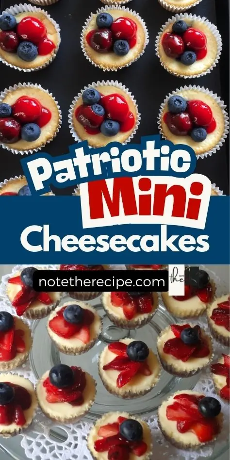 Patriotic mini cheesecakes topped with cherry pie filling, strawberries, and blueberries, styled on black and glass trays with a recipe banner
