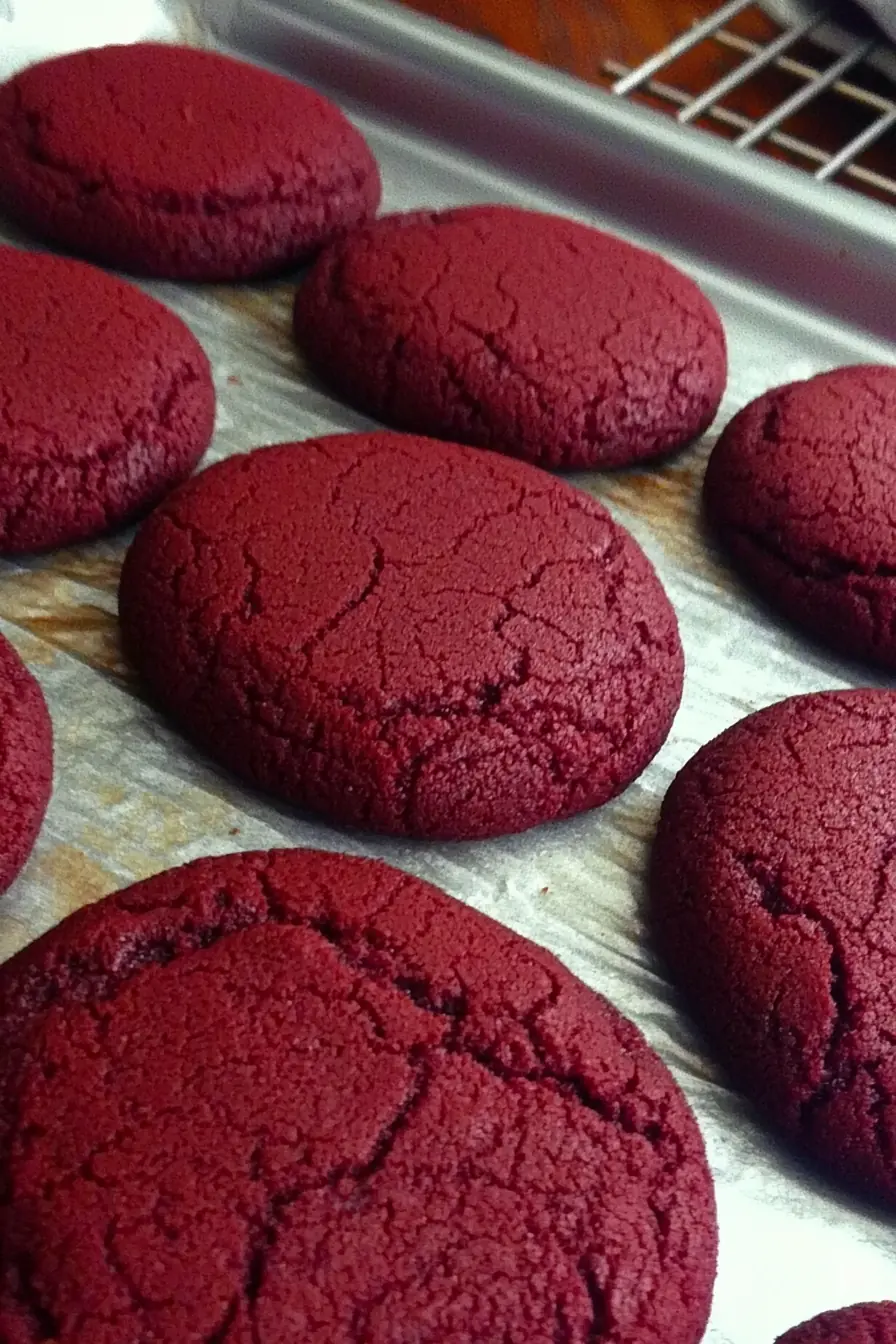 Freshly baked red velvet cake mix cookies cooling on a tray