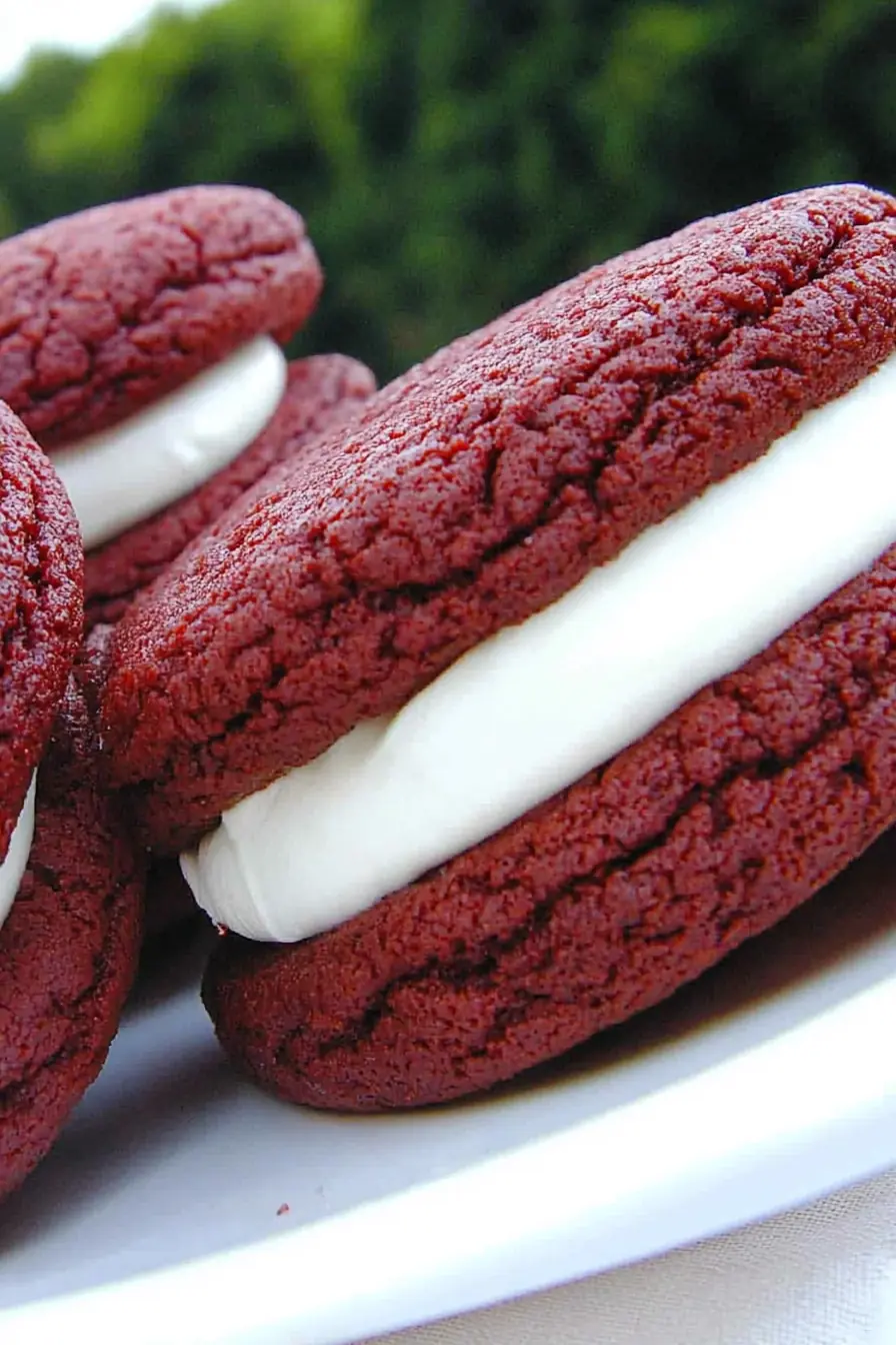 Close-up of red velvet sandwich cookies with cream filling on a white plate