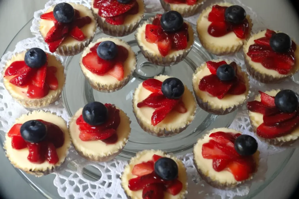 Patriotic mini cheesecakes topped with sliced strawberries and blueberries on a glass platter