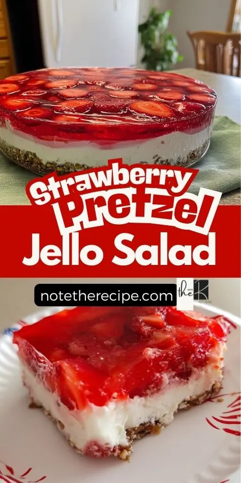 Pinterest graphic showing a full strawberry pretzel jello salad and a single sliced serving with pretzel crust, creamy filling, and strawberry gelatin top