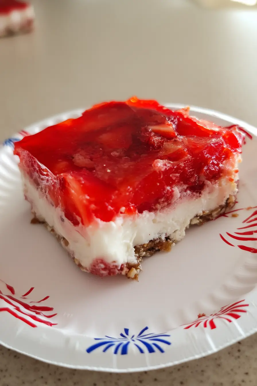 Single serving of strawberry pretzel salad on a patriotic paper plate showing pretzel crust, cream cheese filling, and strawberry gelatin topping