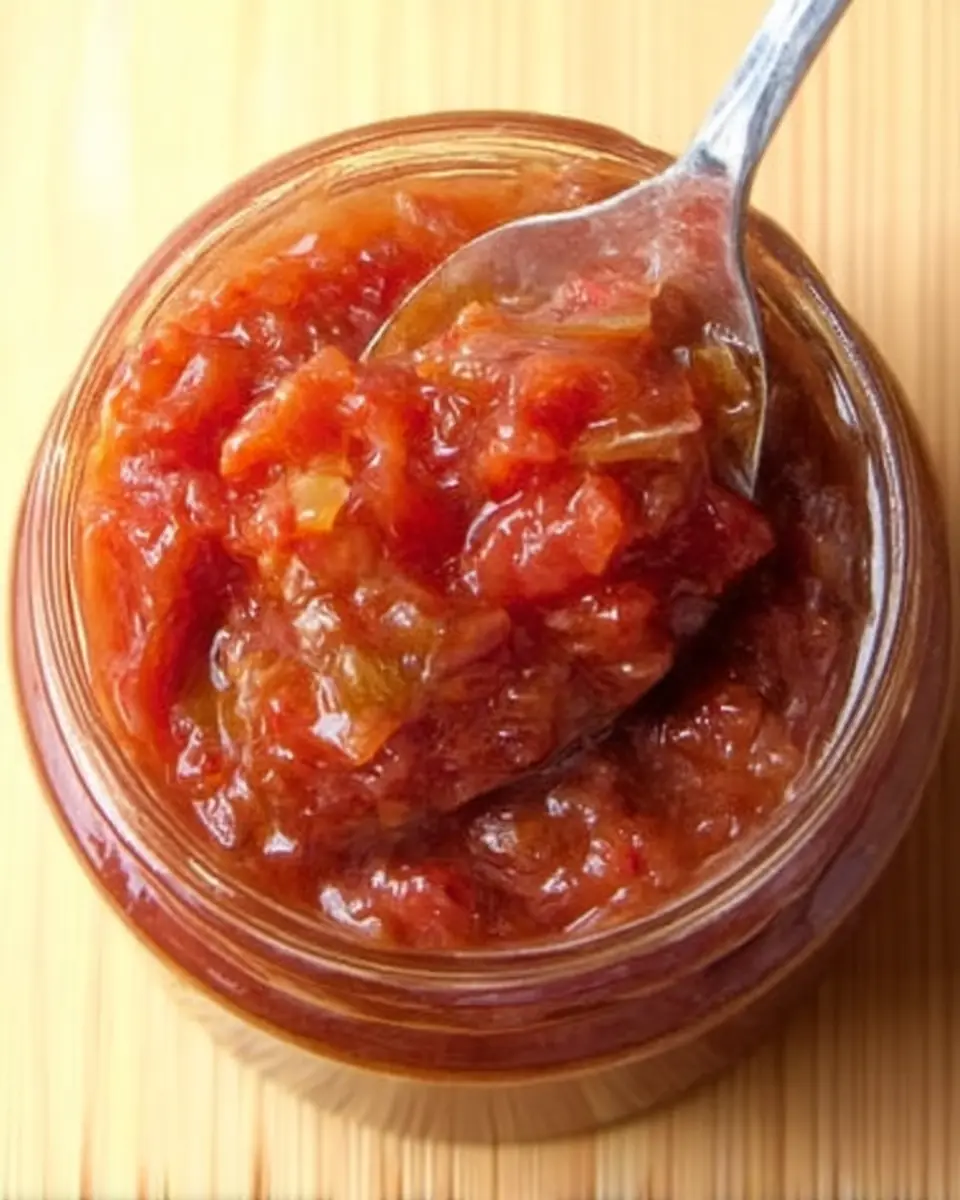 Sweet and Tangy Rhubarb Relish Recipe in Glass Jar Close-up of homemade rhubarb relish recipe with sweet and tangy flavor