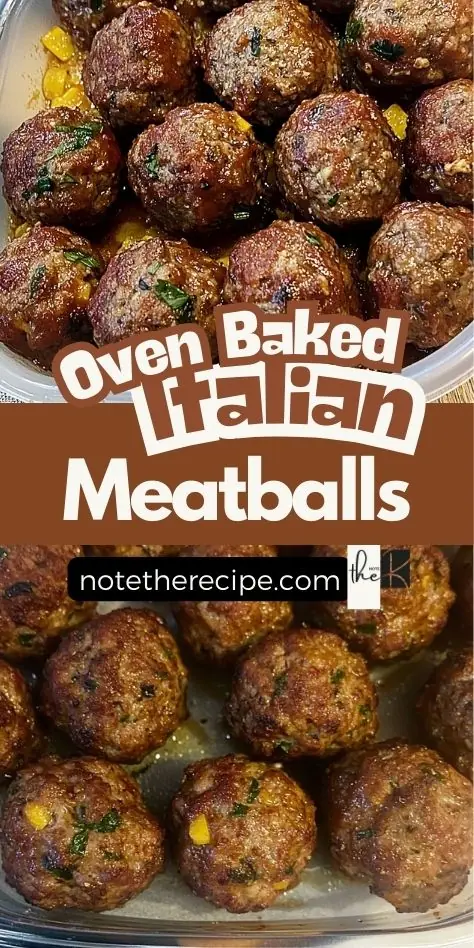 Unbelievably Good Oven Baked Italian Meatballs Two stacked views of oven baked Italian meatballs, served in a clear container, golden brown with herbs and diced peppers.