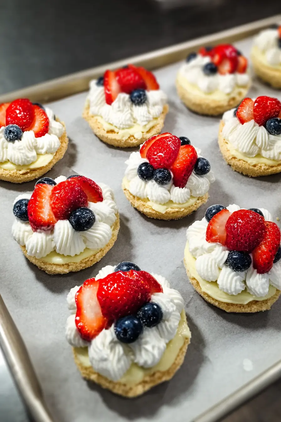 Patriotic mini cheesecakes topped with whipped cream, strawberries, and blueberries on a parchment-lined baking tray