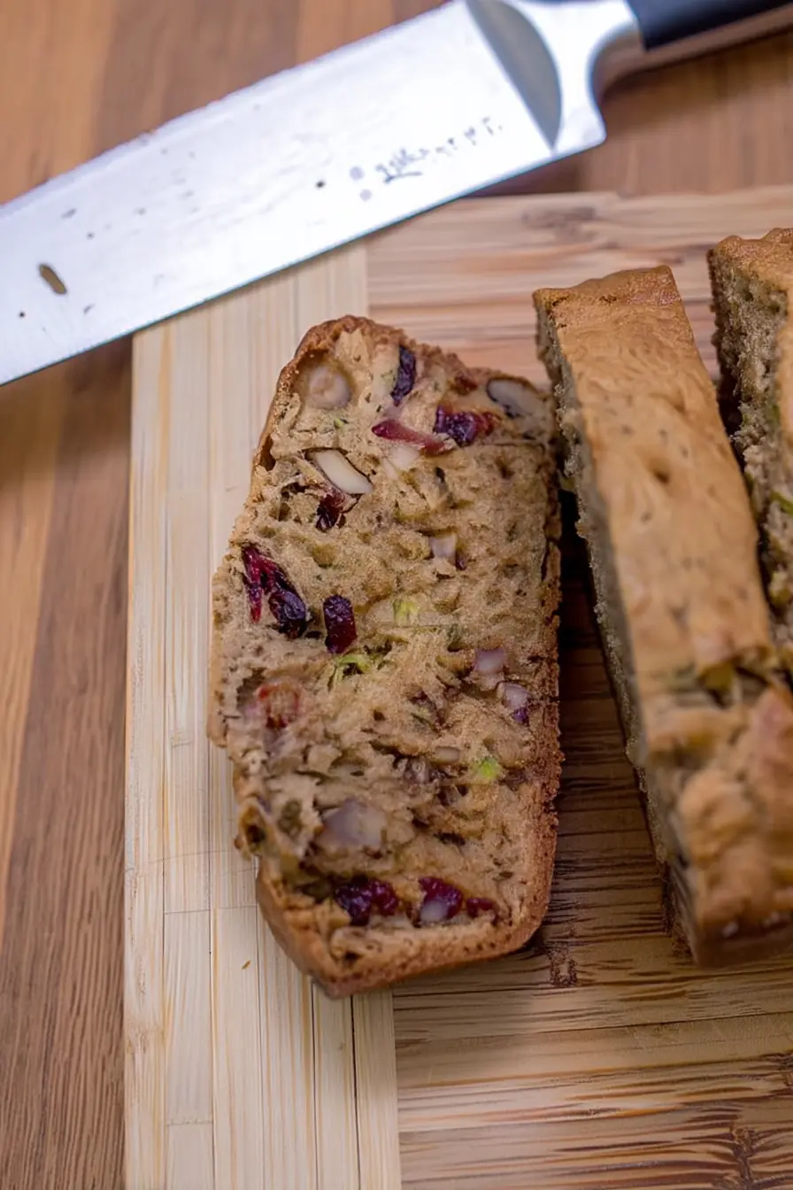 Close-up of a slice of banana zucchini bread with cranberries and walnuts on a cutting board
