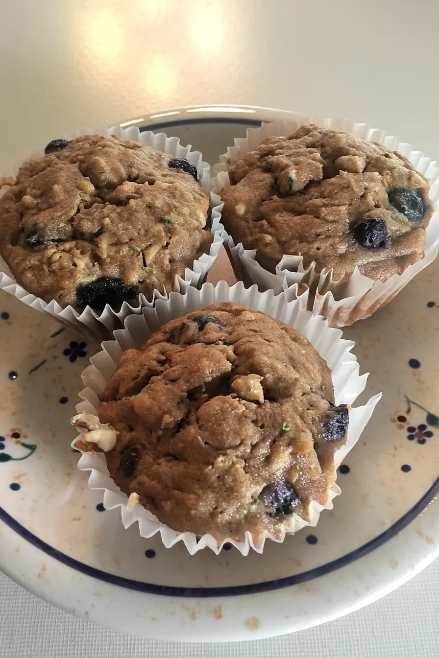 Three banana zucchini muffins with blueberries and oats on a plate