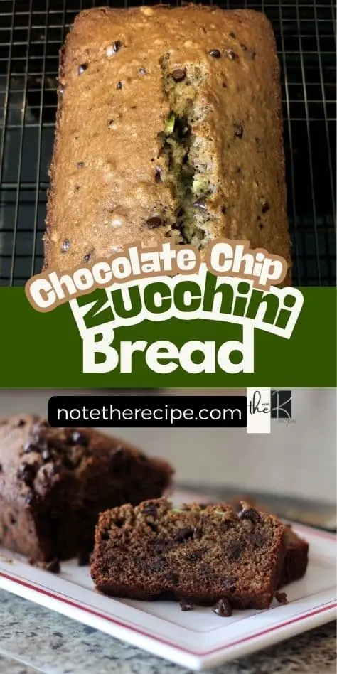 Chocolate chip zucchini bread loaf and sliced piece with recipe title overlay