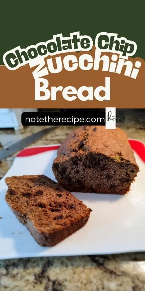 Sliced chocolate chip zucchini bread with bold recipe title overlay