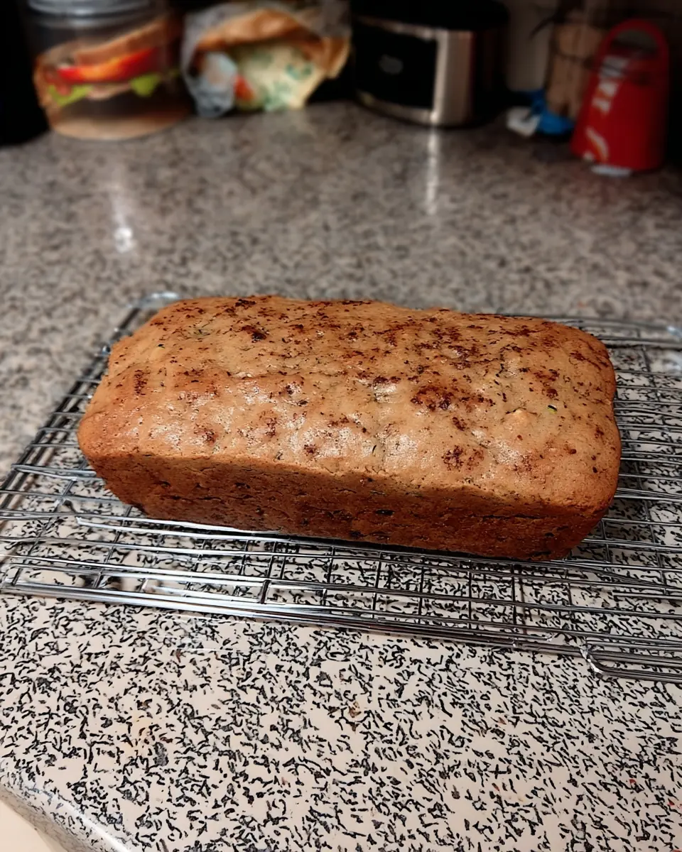 Freshly baked loaf of old fashioned zucchini bread cooling on a wire rack