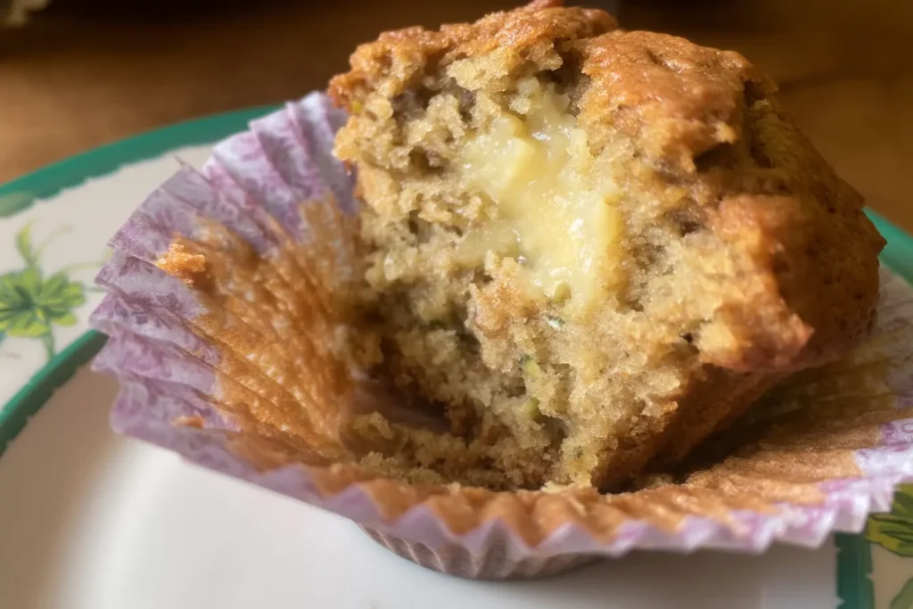 Close-up of moist gluten free zucchini muffin with melted center