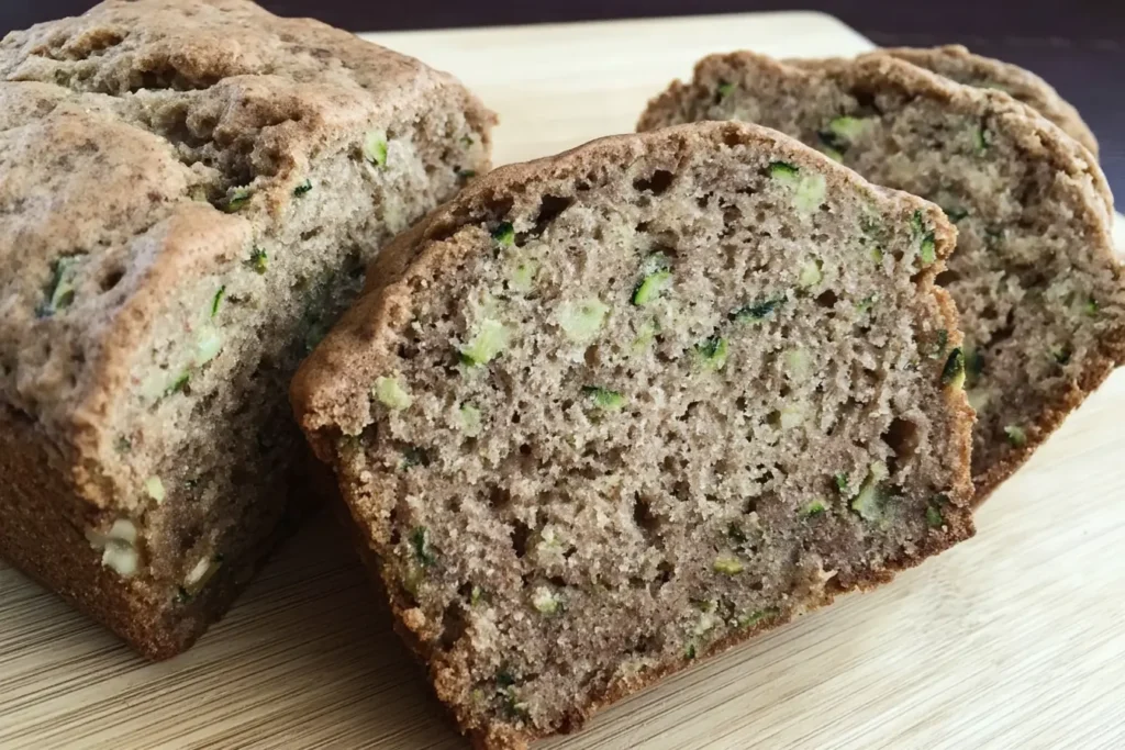 Close-up of moist old fashioned zucchini bread with grated zucchini and walnuts